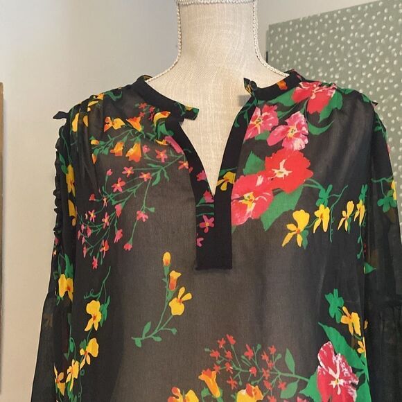 CAbi Black Floral Print Sheer Long Sleeve Blouse Style 59814 Size Medium - Picture 2 of 11